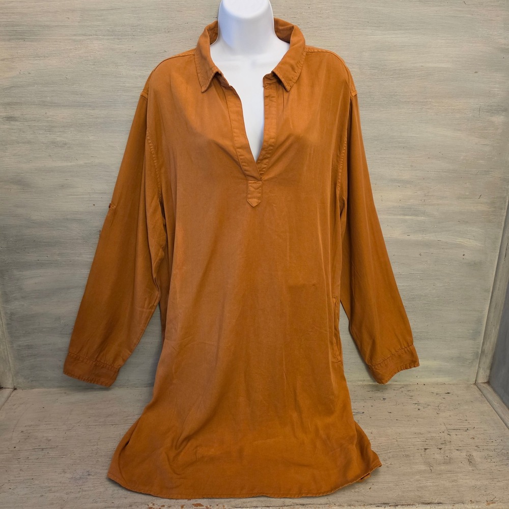 Quince Burnt Orange Split Collar Vneck High/Low Hem Tunic Dress Size XL NWT